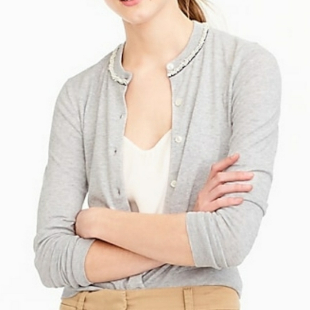 J. CREW Gray Jackie Cardigan Sweater with Beaded Collar
